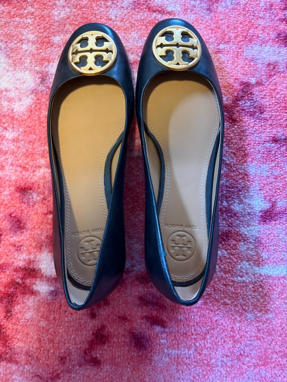 Tory Burch Black Leather Logo Ballet Flats with Gold Emblem